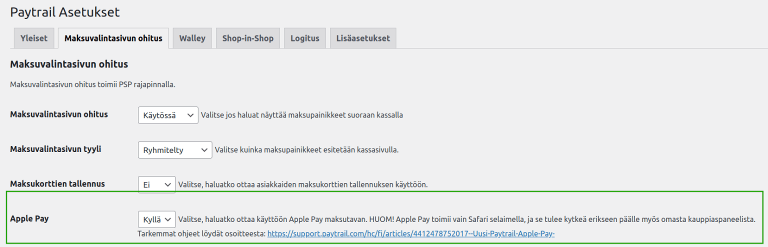 Paytrail Apple pay asetukset