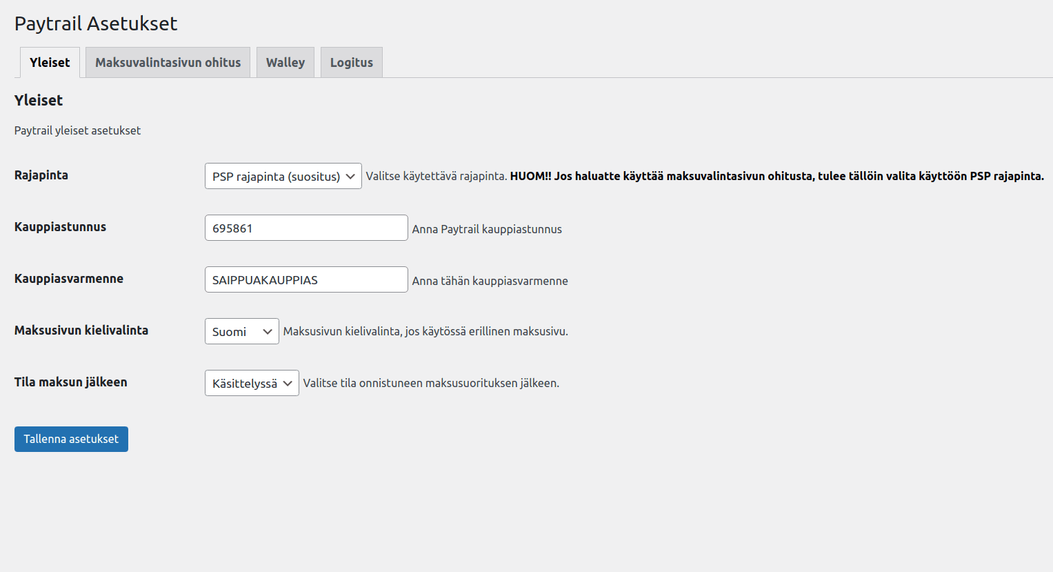 Paytrail lisäosan yleiset asetukset