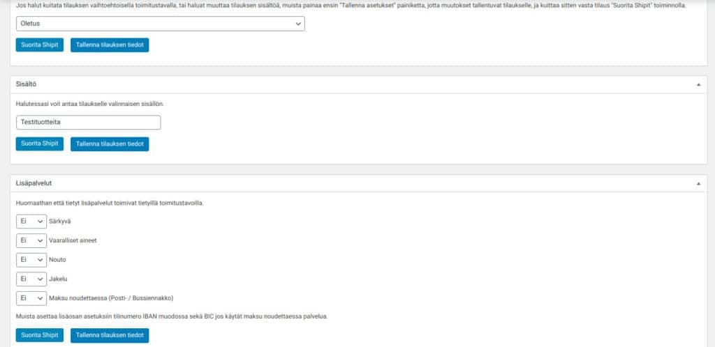 Shipit toimitustapa tilauksen asetukset